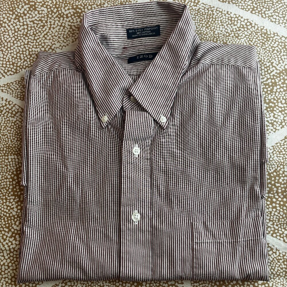 Izod Burgundy Red & White Pinstripe Dress Shirt 16.5 34/35 Large 80’s 2-Ply